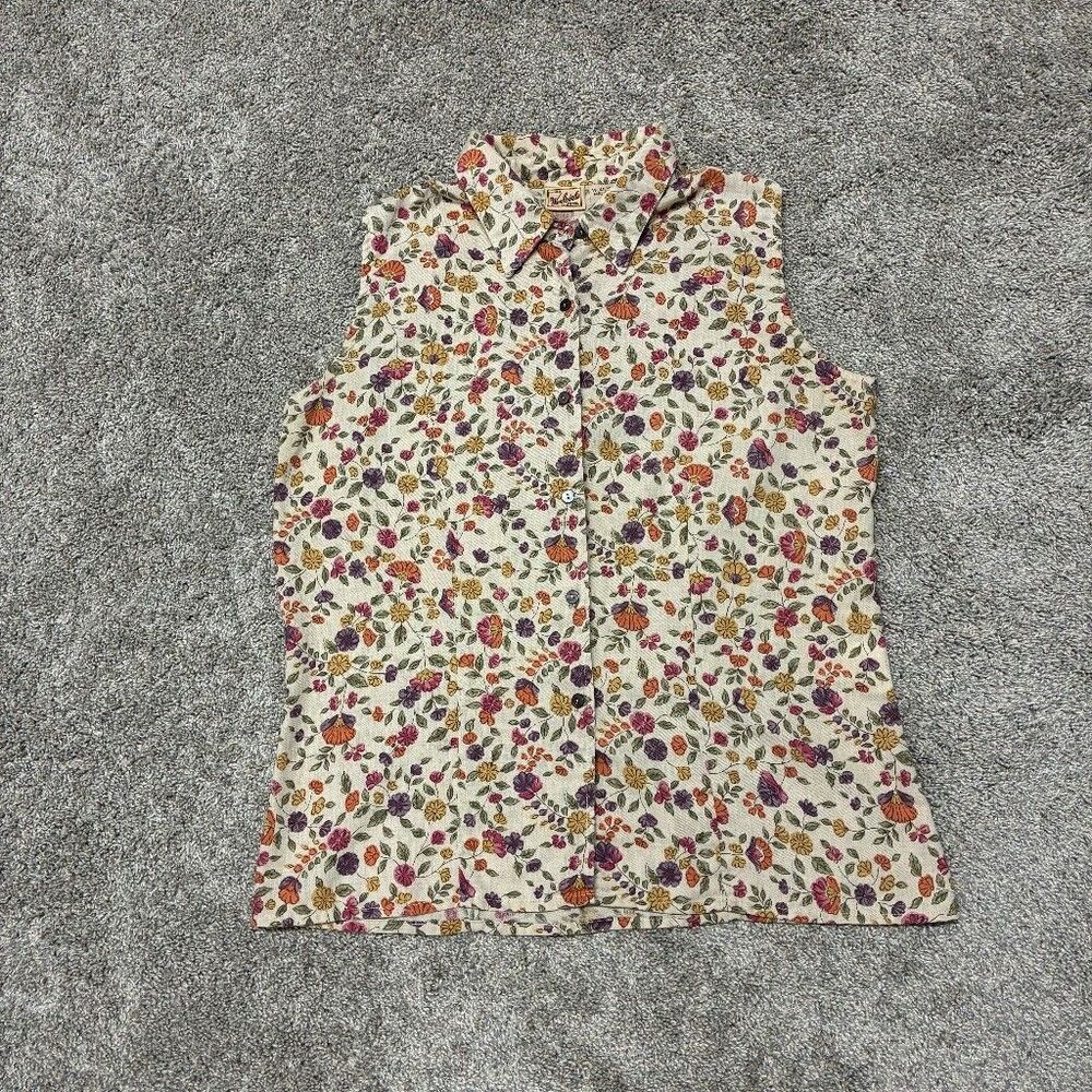 VTG Woolrich Women’s M Floral Sleeveless Button Up Shirt Cream Cottagecore Linen